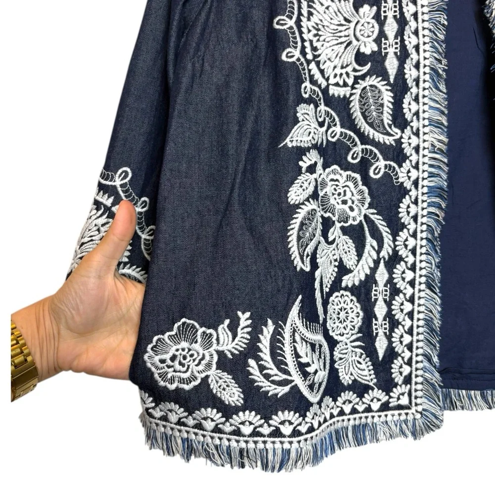 Soft Surroundings Mesaria Jacket Embroidered‎ Dark Denim Open Front Large 2GN81